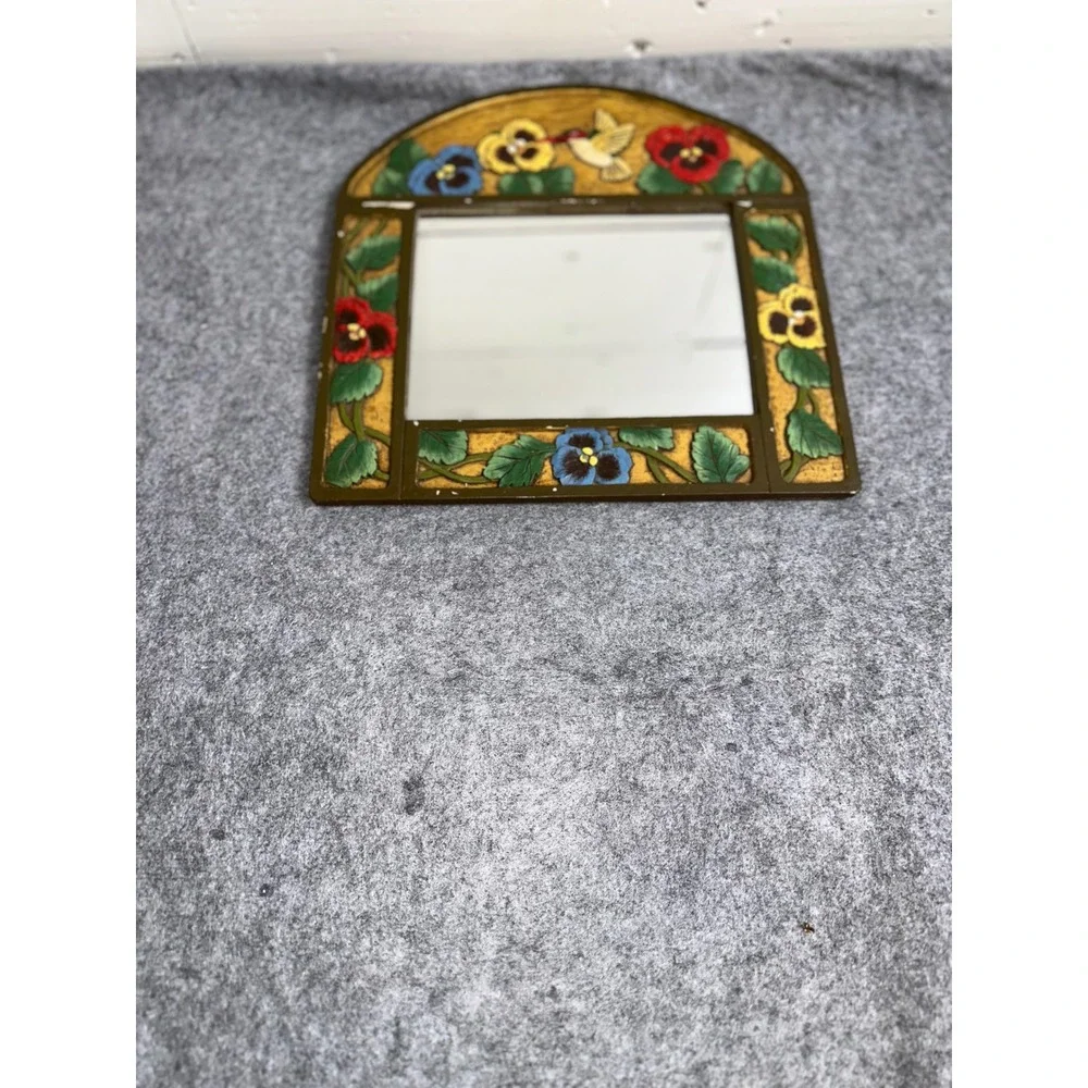 Vintage Hand Painted Pansy Hummingbird Floral Arched Wall Mirror Cottagecore